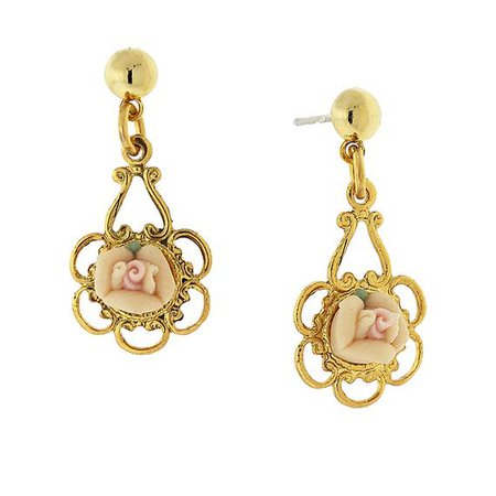 1928 Jewelry Gold-Tone Porcelain Rose Drop Earrings