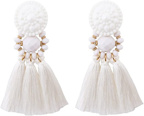 Amazon.com: Boderier Bohemian Statement Thread Tassel Chandelier Drop Dangle Earrings with Cassandra Button Stud (White): Jewelry