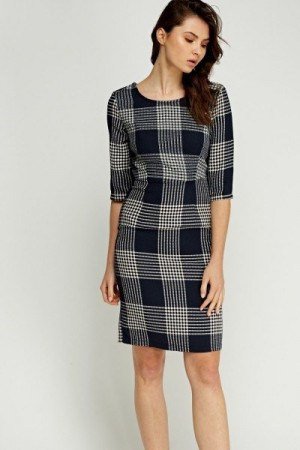 Navy blue checked textured pencil dress