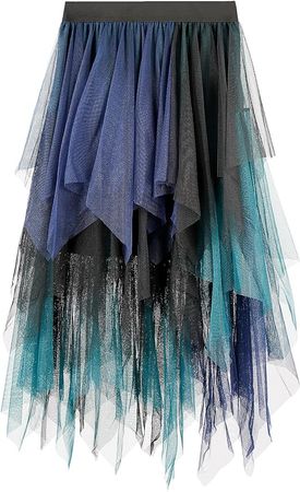Women's Tiered Tulle Skirts A-Line Asymmetrical Skirt Tea-Length Elastic High Waist Tutu Skirts for Prom Party (Black Green) : Clothing, Shoes & Jewelry