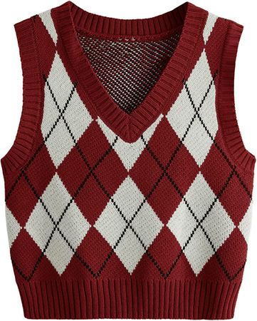 SweatyRocks Women's Plaid Geo Sleeveless V Neck Knit Crop Top Sweater Vest White Burgundy XL at Amazon Women’s Clothing store