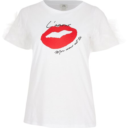 White 'L'amour' printed mesh frill T-shirt | River Island
