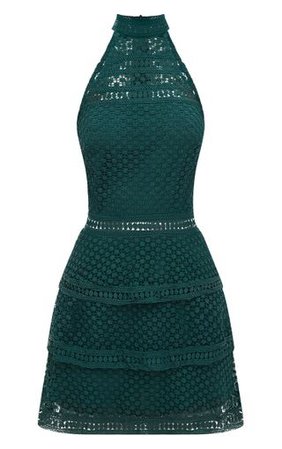Emerald Green Lace Panel Tiered Bodycon Dress | PrettyLittleThing