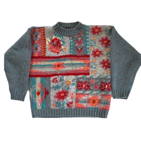 kitschy cute vintage grey blue flowered sweater
