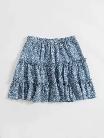 Layered Frill Trim Ditsy Floral Skirt | SHEIN USA blue