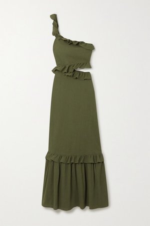 Net Sustain One-shoulder Ruffled Organic Cotton Dress - Dark green