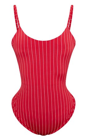 Shape Red Slinky Pinstripe Strappy Bodysuit | PrettyLittleThing