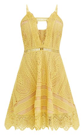 PRETTYLITTLETHING YELLOW CROCHET LACE PLUNGE STRAPPY SKATER DRESS