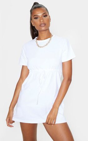 White Drawstring Tie Waist T Shirt Dress | PrettyLittleThing