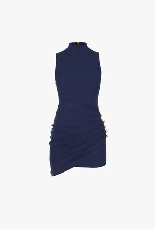 Pleated Navy Blue Jersey Dress for Women - Balmain.com