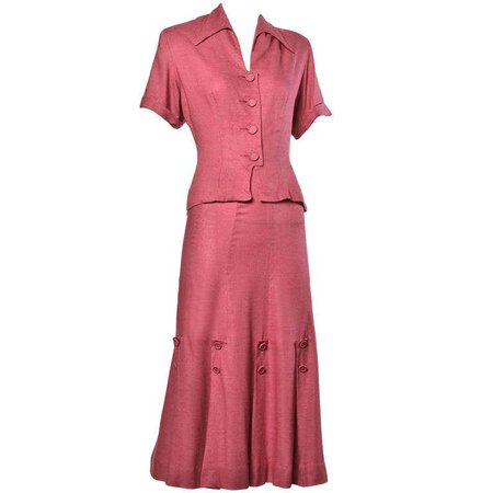 Vintage 1940s 40s Dusty Rose Linen Jacket + Skirt Dress Suit For Sale at 1stdibs