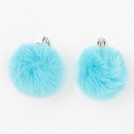 Silver 1.5" Pom Pom Clip On Drop Earrings - Teal | Claire's US