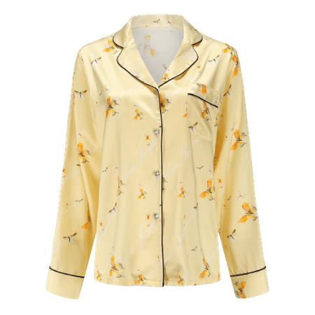 Bright Yellow Butterfly Printed Silk Pajama Set