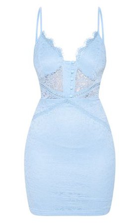 Dusty Blue Lace Button Detail Bodycon Dress | PrettyLittleThing