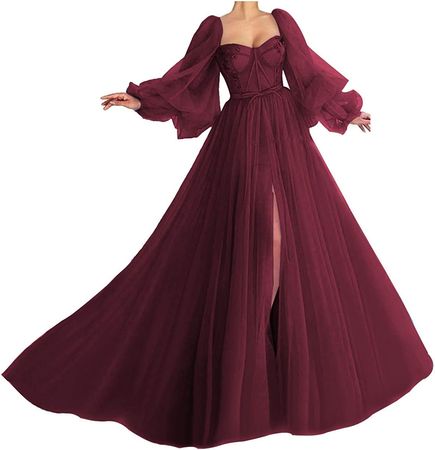 Ball Gown Puffy Sleeve Prom Dress for Women Tulle Princess Formal Evening Gowns with Split Burgundy Size 8 at Amazon Women’s Clothing store