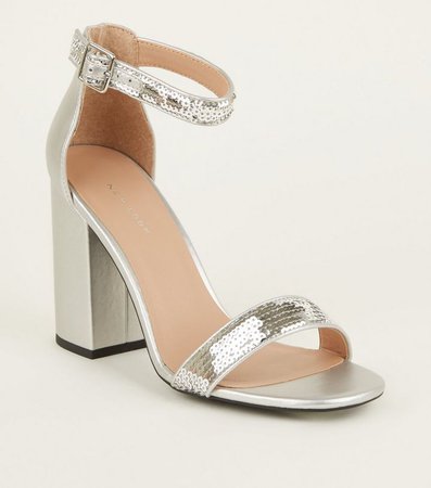Silver Metallic Sequin Strap Block Heels | New Look