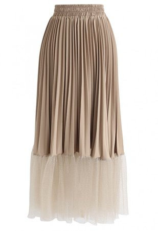 Mesh Hem Spliced Pleated Skirt in Light Tan - NEW ARRIVALS - Retro, Indie and Unique Fashion