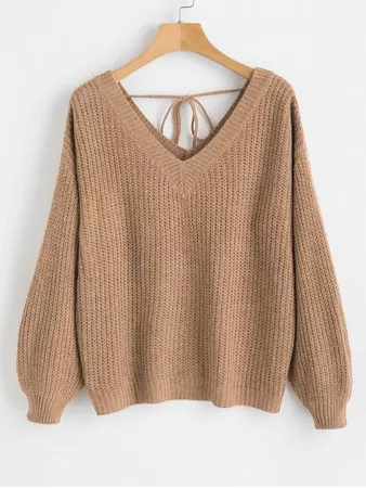 [HOT] 2019 V Neck Drop Shoulder Oversized Sweater In CAMEL BROWN L | ZAFUL CA