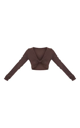 Brown Jersey Knot Front Long Sleeve Crop Top | PrettyLittleThing