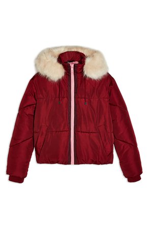 Topshop Lauren Hooded Puffer Jacket with Faux Fur Trim red