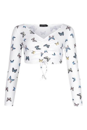 Petite Butterfly Print Ruched Long Sleeve Crop Top | boohoo white