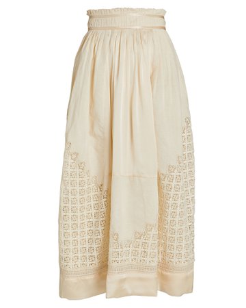 Ulla Johnson Cadena Embroidered Linen-Silk Midi Skirt | INTERMIX®