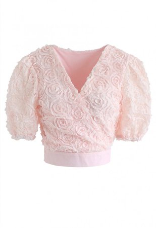 3D Roses Wrapped Crop Top in Nude Pink - NEW ARRIVALS - Retro, Indie and Unique Fashion