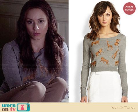 WornOnTV: Spencer’s grey animal graphic printed sweater and chambray blazer on Pretty Little Liars | Troian Bellisario | Clothes and Wardrobe from TV