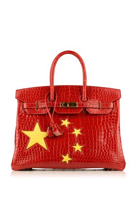 Rare & Unique Hermès Special Order Chinese Flag 35cm Braise Shiny Porosus Crocodile Birkin