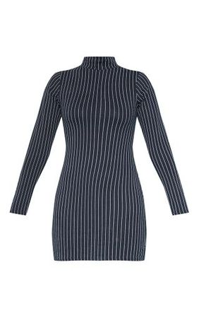 Black Pinstripe Neck Long Sleeve Bodycon Dress | PrettyLittleThing