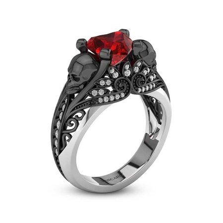 Black Skull Engagement Ring For Women Heart Ruby Stone and Lotus-VANCARO