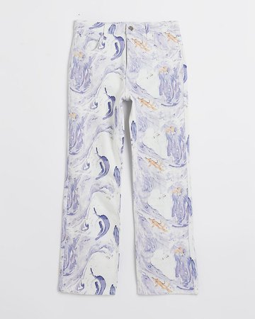 Purple marble high waisted straight jeans | River Island