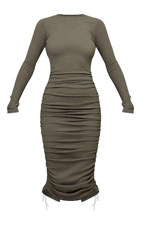 Khaki Ribbed Long Sleeve Ruched Midi Dress | PrettyLittleThing USA