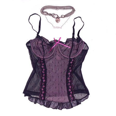 90s / Y2k VS Baby pink hearts + black lace lingerie... - Depop