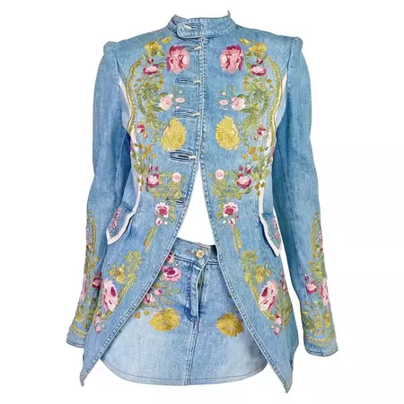 Roberto Cavalli Spring 2003 Embroidered Denim Coat with Skirt For Sale at 1stDibs