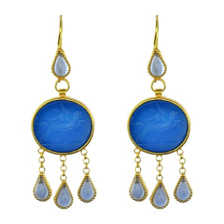 Italian Crystal Blue Intaglio Vermeil Pendant Earrings For Sale at 1stDibs
