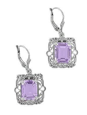 Art Deco Filigree Lavender Amethyst Drop Earrings in Sterling Silver - Antique Jewelry Mall