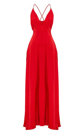 RED EXTREME SPLIT STRAPPY BACK MAXI DRESS