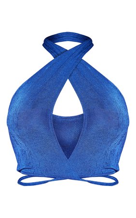 Bright Blue Acetate Halterneck Tie Waist Crop Top | PrettyLittleThing USA
