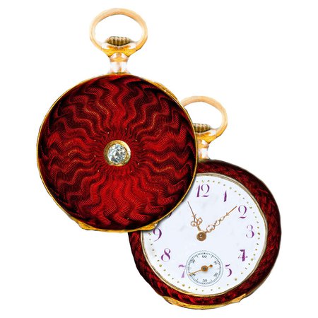 French 1800 Art Nouveau Rose Diamond Zig Zag Enamel Pendant Lapel Pocket Watch For Sale at 1stDibs