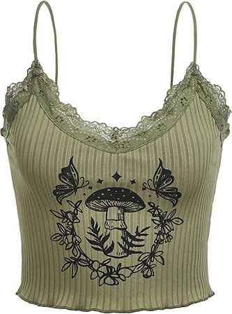 SOLY HUX Women's Y2k Gothic Lace Trim Cami Crop Top Sleeveless Sexy Tank Tops Camisole Clubwear Outfit Army Green L at Amazon Women’s Clothing store