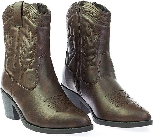 Amazon.com | Soda Picotee Women Western Cowboy Cowgirl Stitched Ankle Boots (DK TAN PU, Numeric_9) | Mid-Calf