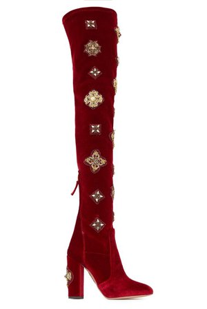 Aquazzura Red Embellished Above-the-Knee Velvet Boots