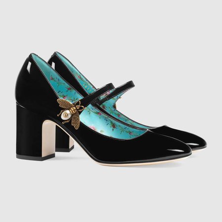 Patent leather mid-heel pump with bee - Gucci Women's Pumps 481177BNC801000