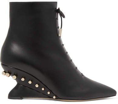 Blevio Studded Leather Wedge Ankle Boots - Black