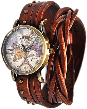 Amazon.com: MINILUJIA Bohemian Style Analog Quartz Watch Double Wrap Word Map Women Grils Watch Vintage Retro Casual Leather Watch: Clothing