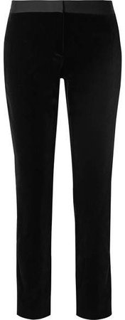 Satin-trimmed Cotton-velvet Straight-leg Pants - Black