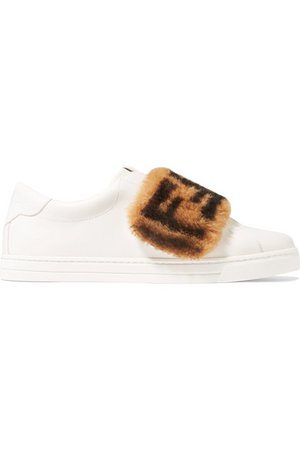 Fendi | Shearling-trimmed leather sneakers | NET-A-PORTER.COM