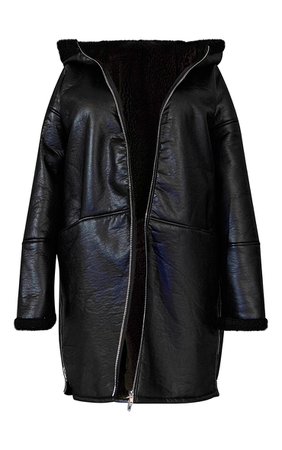 Plus Black Unisex PU Borg Lined Extreme Oversized Hooded Coat - New In | PrettyLittleThing CA