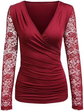 ThinIce Women's Deep V Neck Wrap Tops Velvet Fitted Long Sleeve Drape Blouse Blue XL at Amazon Women’s Clothing store
